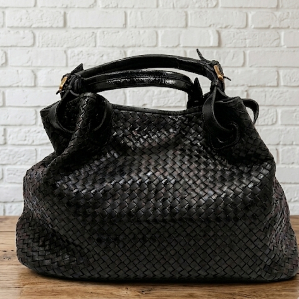 Valentina Italian Black Woven Leather Bag